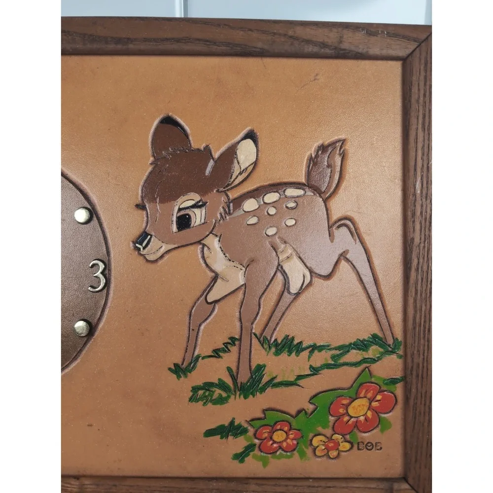 Vintage Hobbyist Clock Disney Bambi Wall Clock Framed Hand Tooled Leather By BoB